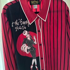 Bob Mackie 100% silk Red and Black Striped blouse Shirt wearable art 1940s